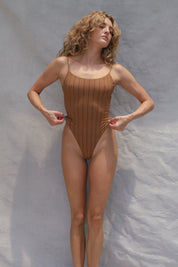 Scoop Thong One Piece Swimsuit - Burnt Sugar Stripe