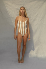 High Cut One Piece Swimsuit - Natural Cabana Stripe