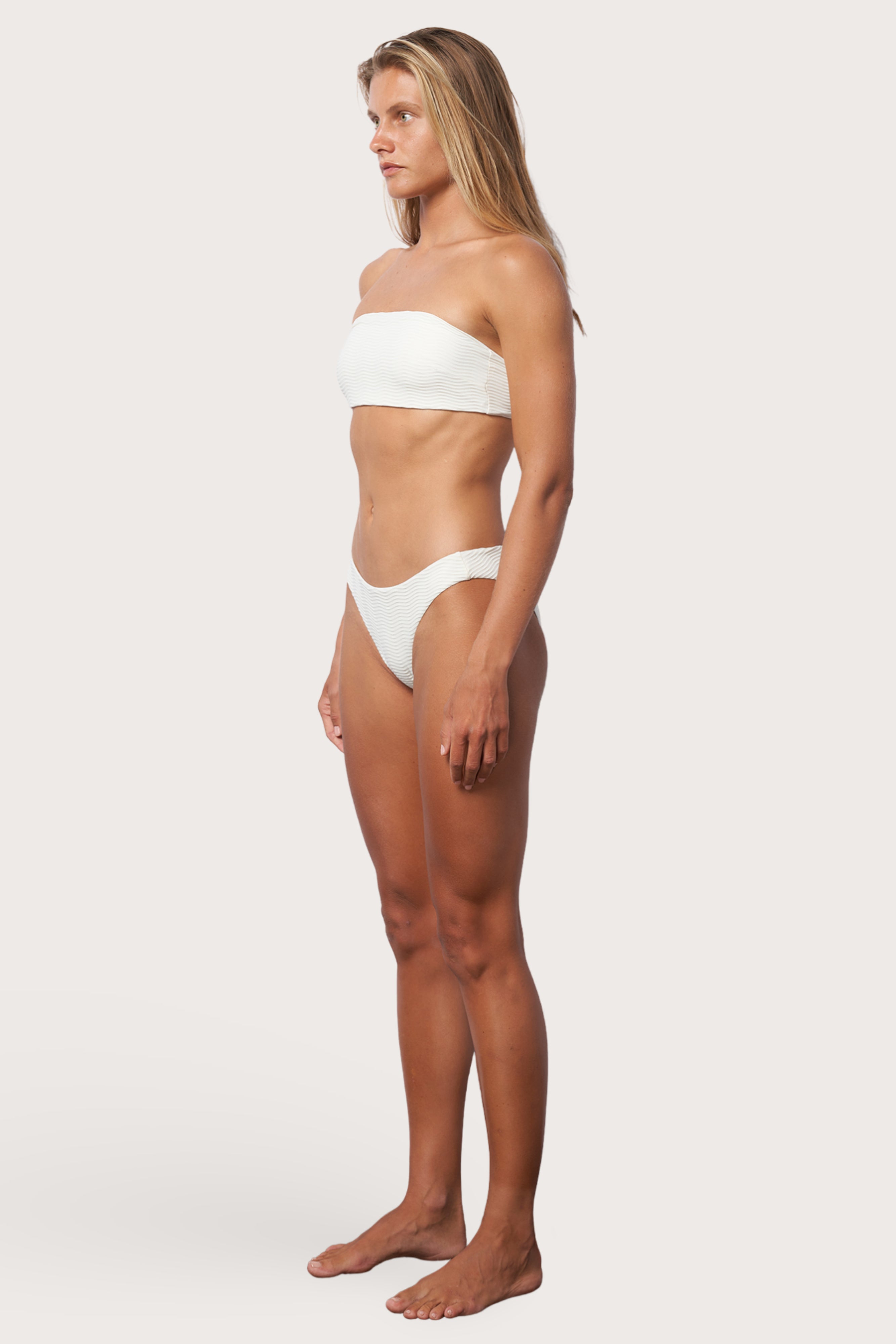 white bandeau bikini top with straps